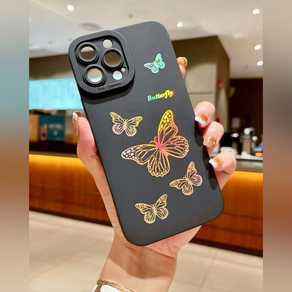 NWT iPhone13ProMax Golden Chrome Butterfly Black Rubber Phone Case - Picture 2 of 3